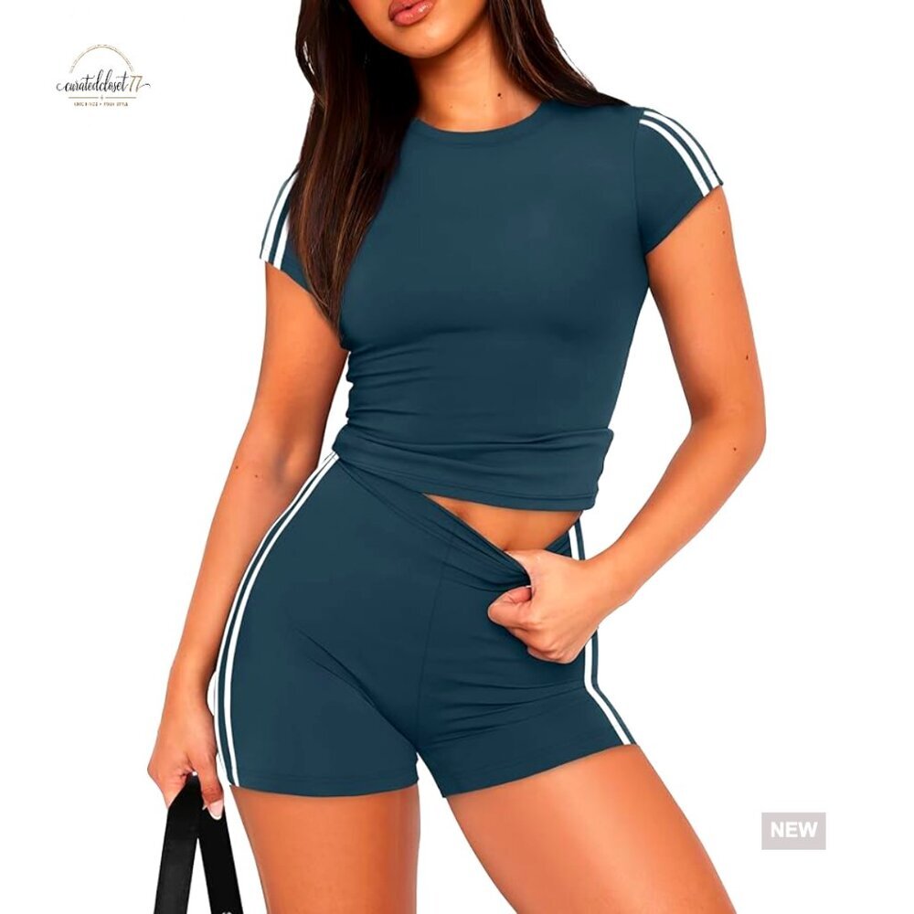 Two Piece Lounge Set with Contrast Stripes, Athletic Workout Outfit, XS-2XL